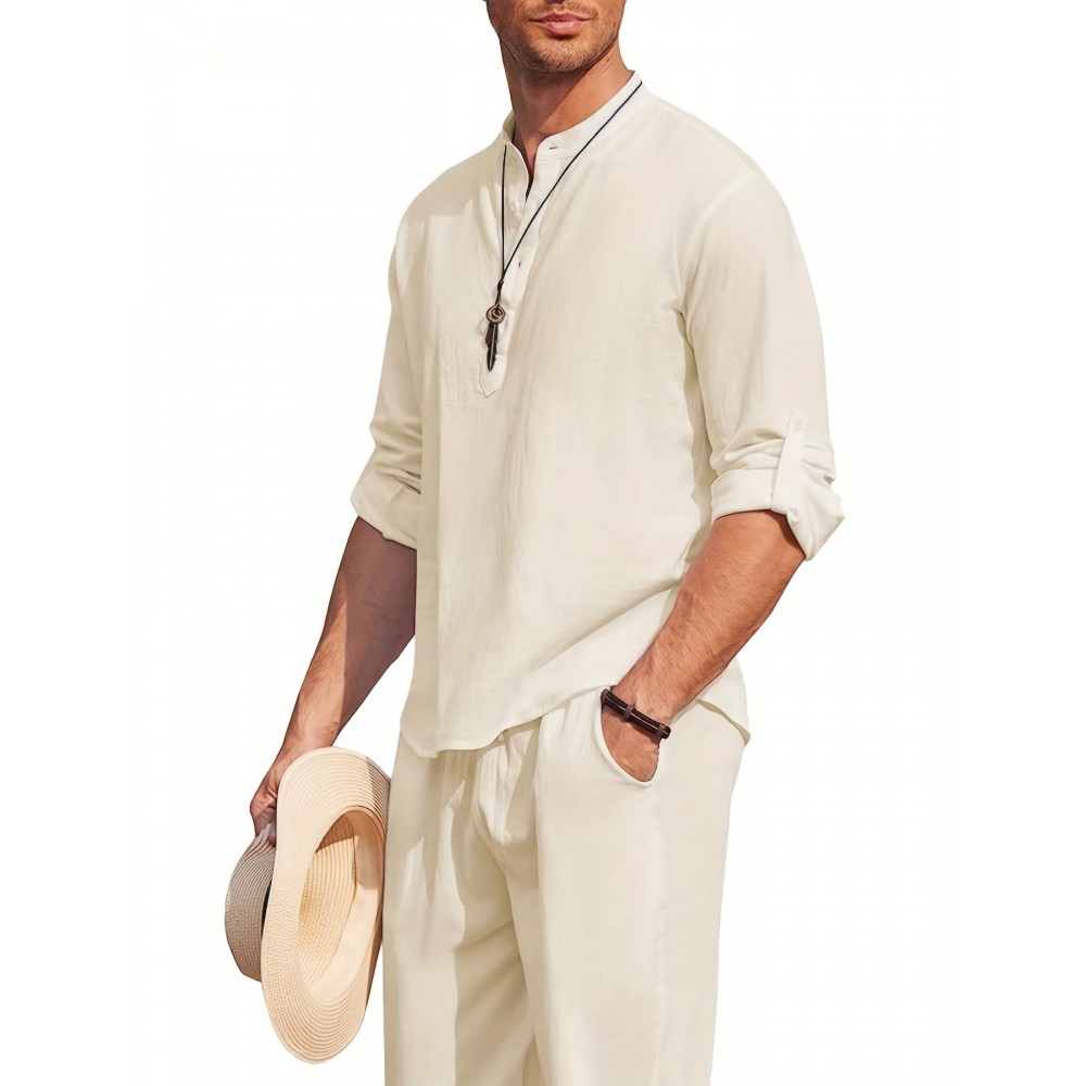 Men's Linen Blend Retro Henley Shirt Long Sleeve T-shirt Tee, Casual Comfy Shirts For Men Spring Summer Autumn, Men's Clothing Tops For Beach Yoga Men's Linen Blend Retro Henley Shirt Long Sleeve T-shirt Tee, Casual Comfy Shirts For Men Spring Summer Autumn, Men's Clothing Tops For Beach Yoga