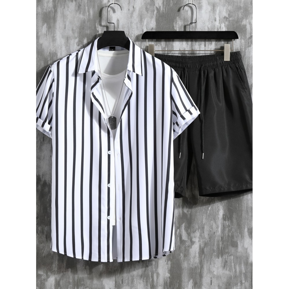 Vertical Striped Men's 2Pcs Outfits, Casual Camp Collar Lapel Button Up Short Sleeve Shirts And Drawstring Shorts Set For Summer, Men's Clothing Vacation Loungewear Vertical Striped Men's 2Pcs Outfits, Casual Camp Collar Lapel Button Up Short Sleeve Shirts And Drawstring Shorts Set For Summer, Men's Clothing Vacation Loungewear