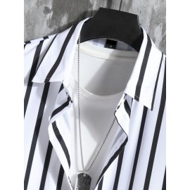 Vertical Striped Men's 2Pcs Outfits, Casual Camp Collar Lapel Button Up Short Sleeve Shirts And Drawstring Shorts Set For Summer, Men's Clothing Vacation Loungewear Vertical Striped Men's 2Pcs Outfits, Casual Camp Collar Lapel Button Up Short Sleeve Shirts And Drawstring Shorts Set For Summer, Men's Clothing Vacation Loungewear