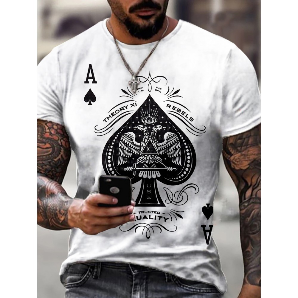 Spade A Print, Men's Graphic Design Crew Neck Active T-shirt, Casual Comfy Tees For Summer, Men's Clothing Tops For Daily Gym Workout Running Spade A Print, Men's Graphic Design Crew Neck Active T-shirt, Casual Comfy Tees For Summer, Men's Clothing Tops For Daily Gym Workout Running