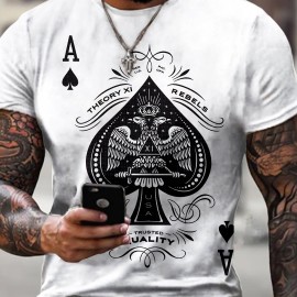 Spade A Print, Men's Graphic Design Crew Neck Active T-shirt, Casual Comfy Tees For Summer, Men's Clothing Tops For Daily Gym Workout Running Spade A Print, Men's Graphic Design Crew Neck Active T-shirt, Casual Comfy Tees For Summer, Men's Clothing Tops For Daily Gym Workout Running