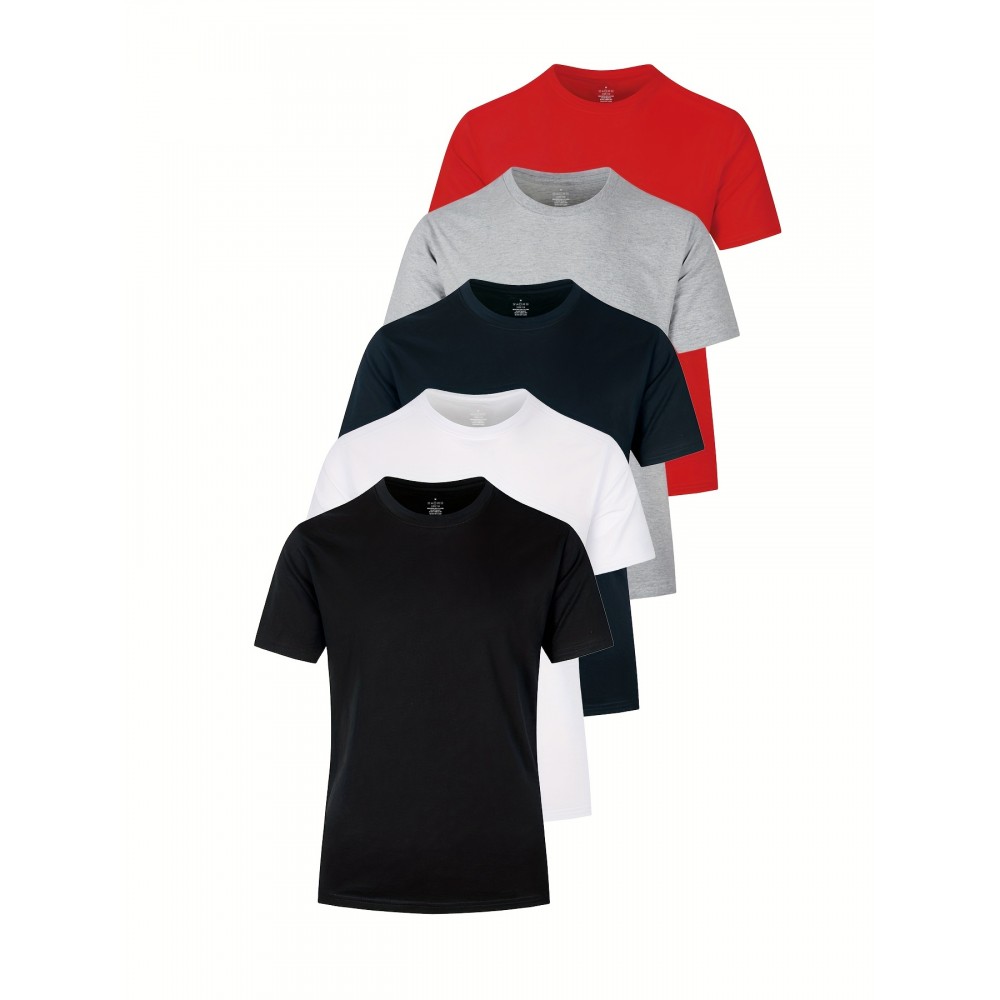 5pcs Multi Color Men's Solid Comfy Cotton Casual T-Shirts Set, Basic Crew Neck Tees For Summer Sports 5pcs Multi Color Men's Solid Comfy Cotton Casual T-Shirts Set, Basic Crew Neck Tees For Summer Sports