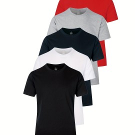 5pcs Multi Color Men's Solid Comfy Cotton Casual T-Shirts Set, Basic Crew Neck Tees For Summer Sports 5pcs Multi Color Men's Solid Comfy Cotton Casual T-Shirts Set, Basic Crew Neck Tees For Summer Sports