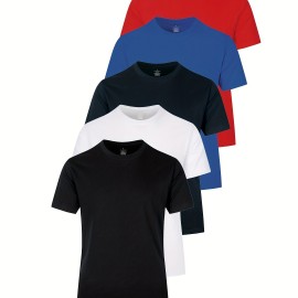 5pcs Multi Color Men's Solid Comfy Cotton Casual T-Shirts Set, Basic Crew Neck Tees For Summer Sports 5pcs Multi Color Men's Solid Comfy Cotton Casual T-Shirts Set, Basic Crew Neck Tees For Summer Sports