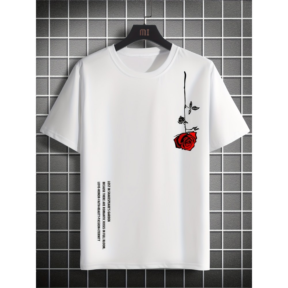 Men's Casual Crew Neck Rose Print Short Sleeves T-shirt For Summer Men's Casual Crew Neck Rose Print Short Sleeves T-shirt For Summer