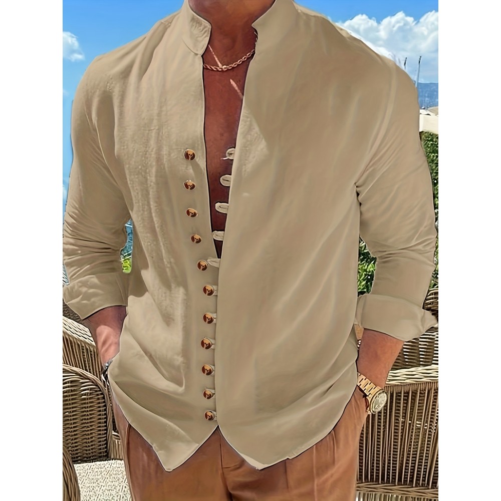 Vintage Men's Casual Loose Long Sleeve Shirt With Stand Collar, Spring Fall Outdoor Vintage Men's Casual Loose Long Sleeve Shirt With Stand Collar, Spring Fall Outdoor