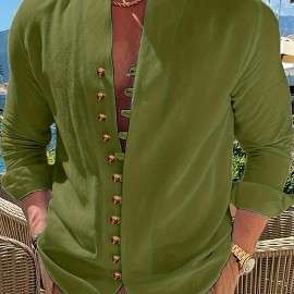 Vintage Men's Casual Loose Long Sleeve Shirt With Stand Collar, Spring Fall Outdoor Vintage Men's Casual Loose Long Sleeve Shirt With Stand Collar, Spring Fall Outdoor