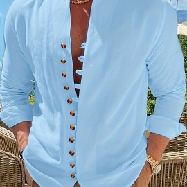 Vintage Men's Casual Loose Long Sleeve Shirt With Stand Collar, Spring Fall Outdoor Vintage Men's Casual Loose Long Sleeve Shirt With Stand Collar, Spring Fall Outdoor
