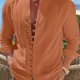 Vintage Men's Casual Loose Long Sleeve Shirt With Stand Collar, Spring Fall Outdoor Vintage Men's Casual Loose Long Sleeve Shirt With Stand Collar, Spring Fall Outdoor