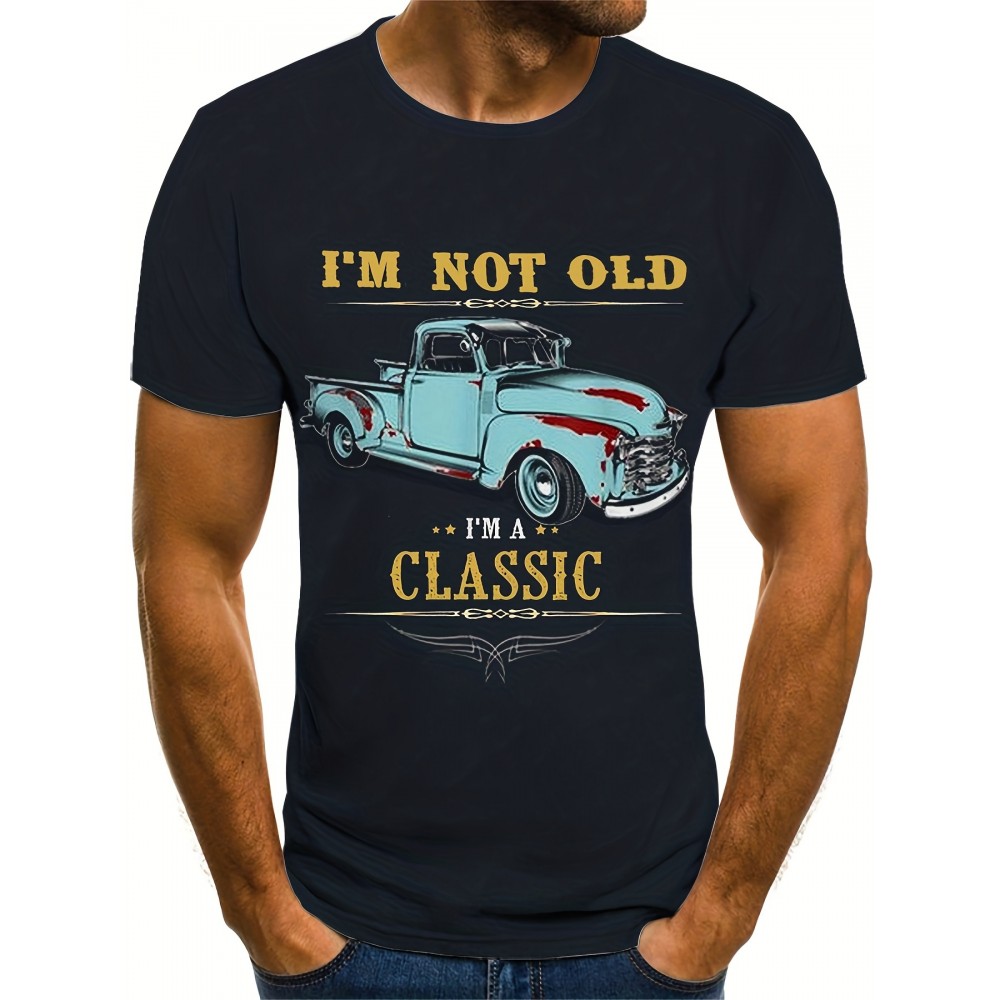 Vintage Car & Letter Pattern Print Men's Comfy Chic T-shirt, Graphic Tee Men's Summer Outdoor Clothes, Men's Clothing, Tops For Men, Gift For Men Vintage Car & Letter Pattern Print Men's Comfy Chic T-shirt, Graphic Tee Men's Summer Outdoor Clothes, Men's Clothing, Tops For Men, Gift For Men