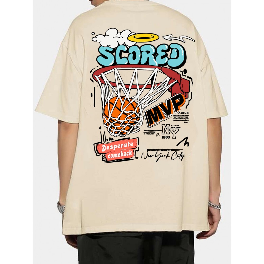 Cotton Blend Cartoon Basketball Print, Men's Graphic Design Crew Neck Novel T-shirt, Casual Comfy Drop Shoulder Loose Tees For Summer, Men's Clothing For Daily Vacation Resorts Cotton Blend Cartoon Basketball Print, Men's Graphic Design Crew Neck Novel T-shirt, Casual Comfy Drop Shoulder Loose Tees For Summer, Men's Clothing For Daily Vacation Resorts