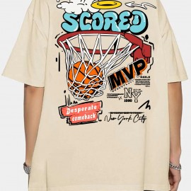 Cotton Blend Cartoon Basketball Print, Men's Graphic Design Crew Neck Novel T-shirt, Casual Comfy Drop Shoulder Loose Tees For Summer, Men's Clothing For Daily Vacation Resorts Cotton Blend Cartoon Basketball Print, Men's Graphic Design Crew Neck Novel T-shirt, Casual Comfy Drop Shoulder Loose Tees For Summer, Men's Clothing For Daily Vacation Resorts