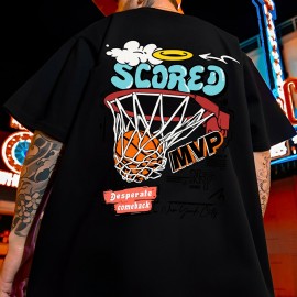 Cotton Blend Cartoon Basketball Print, Men's Graphic Design Crew Neck Novel T-shirt, Casual Comfy Drop Shoulder Loose Tees For Summer, Men's Clothing For Daily Vacation Resorts Cotton Blend Cartoon Basketball Print, Men's Graphic Design Crew Neck Novel T-shirt, Casual Comfy Drop Shoulder Loose Tees For Summer, Men's Clothing For Daily Vacation Resorts