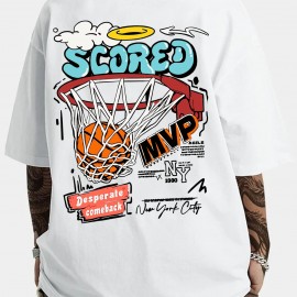 Cotton Blend Cartoon Basketball Print, Men's Graphic Design Crew Neck Novel T-shirt, Casual Comfy Drop Shoulder Loose Tees For Summer, Men's Clothing For Daily Vacation Resorts Cotton Blend Cartoon Basketball Print, Men's Graphic Design Crew Neck Novel T-shirt, Casual Comfy Drop Shoulder Loose Tees For Summer, Men's Clothing For Daily Vacation Resorts