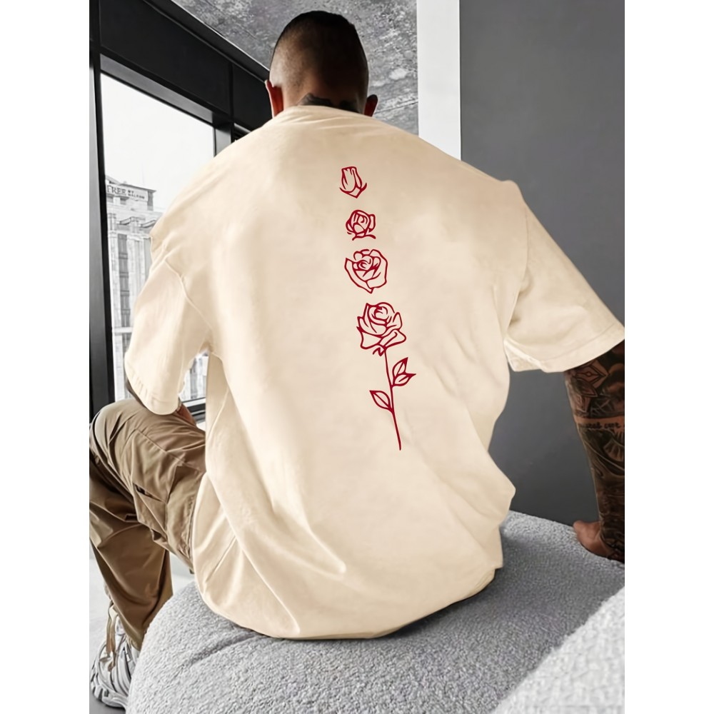 Retro Rose Print, Men's Graphic Design Crew Neck Active T-shirt, Casual Comfy Tees Tshirts For Summer, Men's Clothing Tops For Daily Gym Workout Running Retro Rose Print, Men's Graphic Design Crew Neck Active T-shirt, Casual Comfy Tees Tshirts For Summer, Men's Clothing Tops For Daily Gym Workout Running