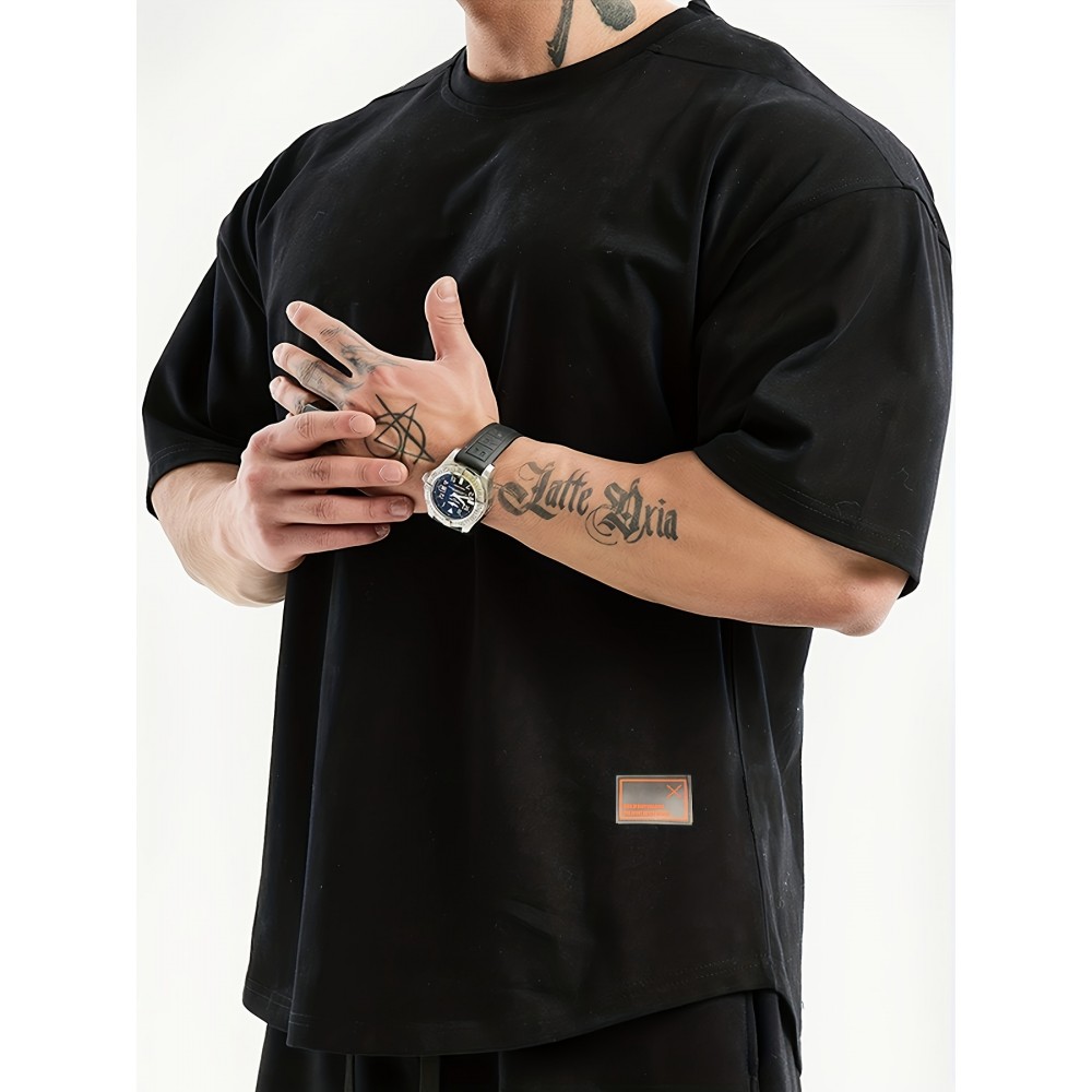 Men's Solid Creative Loose Top, Casual Slightly Stretch Short Sleeve Crew Neck Running Fitness Sports T-shirt, Men's Clothes For Summer Outdoor Men's Solid Creative Loose Top, Casual Slightly Stretch Short Sleeve Crew Neck Running Fitness Sports T-shirt, Men's Clothes For Summer Outdoor
