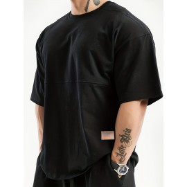 Men's Solid Creative Loose Top, Casual Slightly Stretch Short Sleeve Crew Neck Running Fitness Sports T-shirt, Men's Clothes For Summer Outdoor Men's Solid Creative Loose Top, Casual Slightly Stretch Short Sleeve Crew Neck Running Fitness Sports T-shirt, Men's Clothes For Summer Outdoor