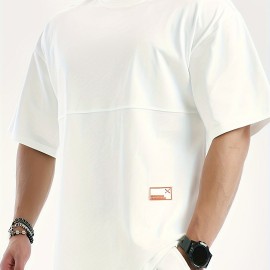 Men's Solid Creative Loose Top, Casual Slightly Stretch Short Sleeve Crew Neck Running Fitness Sports T-shirt, Men's Clothes For Summer Outdoor Men's Solid Creative Loose Top, Casual Slightly Stretch Short Sleeve Crew Neck Running Fitness Sports T-shirt, Men's Clothes For Summer Outdoor
