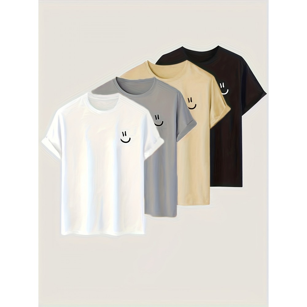 4pieces Men's Stylish Smiling Face Pattern Shirt, Casual Slightly Stretch Breathable Crew Neck Short Sleeve Tee Top For City Walk Street Hanging Outdoor Activities 4pieces Men's Stylish Smiling Face Pattern Shirt, Casual Slightly Stretch Breathable Crew Neck Short Sleeve Tee Top For City Walk Street Hanging Outdoor Activities