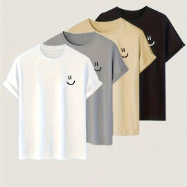 4pieces Men's Stylish Smiling Face Pattern Shirt, Casual Slightly Stretch Breathable Crew Neck Short Sleeve Tee Top For City Walk Street Hanging Outdoor Activities 4pieces Men's Stylish Smiling Face Pattern Shirt, Casual Slightly Stretch Breathable Crew Neck Short Sleeve Tee Top For City Walk Street Hanging Outdoor Activities