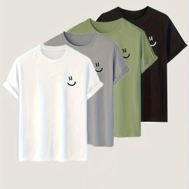4pieces Men's Stylish Smiling Face Pattern Shirt, Casual Slightly Stretch Breathable Crew Neck Short Sleeve Tee Top For City Walk Street Hanging Outdoor Activities 4pieces Men's Stylish Smiling Face Pattern Shirt, Casual Slightly Stretch Breathable Crew Neck Short Sleeve Tee Top For City Walk Street Hanging Outdoor Activities