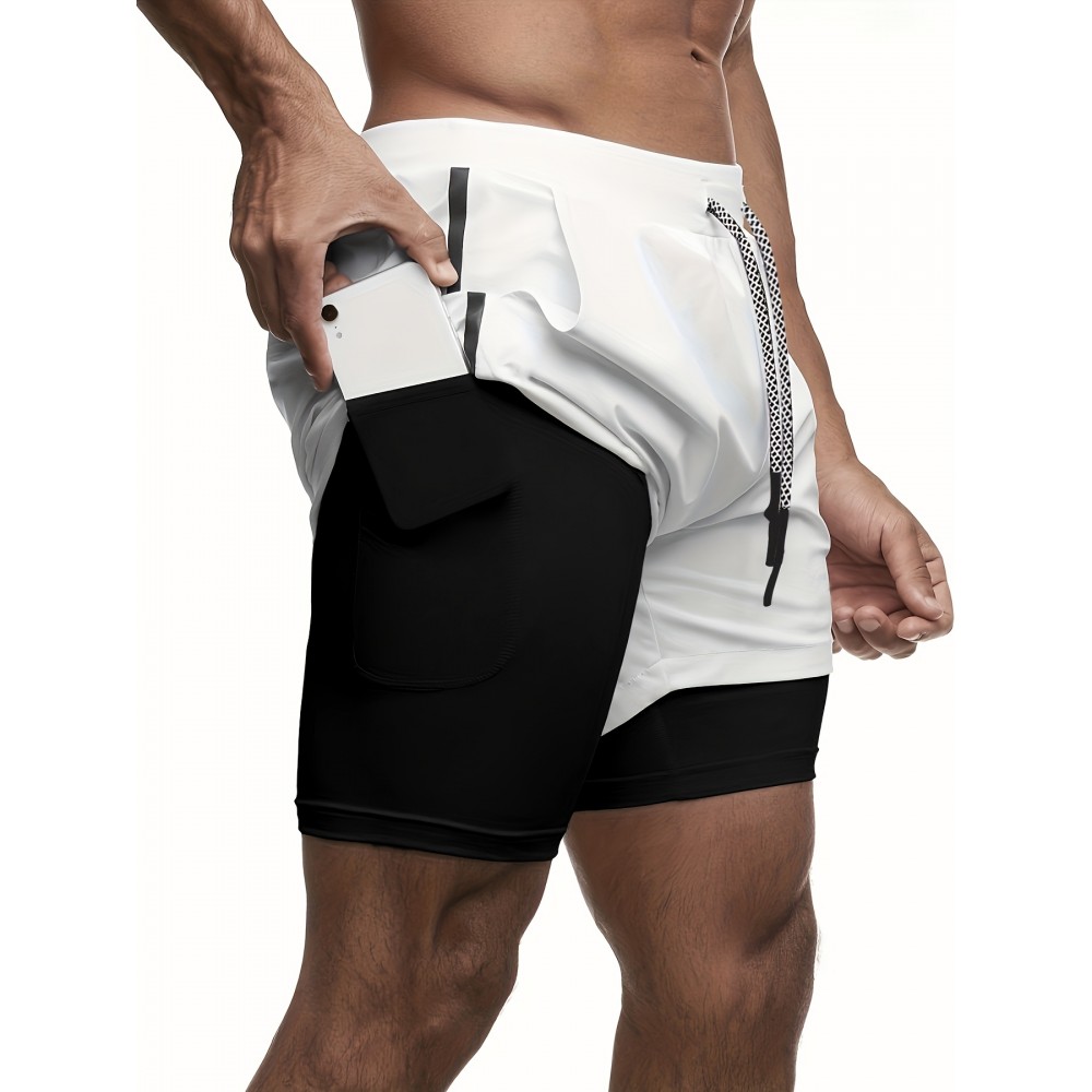 2-in-1 Double Layer Shorts With Inner Zipper Pocket, Men's High Stretch Sports Shorts For Summer Gym Workout Training 2-in-1 Double Layer Shorts With Inner Zipper Pocket, Men's High Stretch Sports Shorts For Summer Gym Workout Training