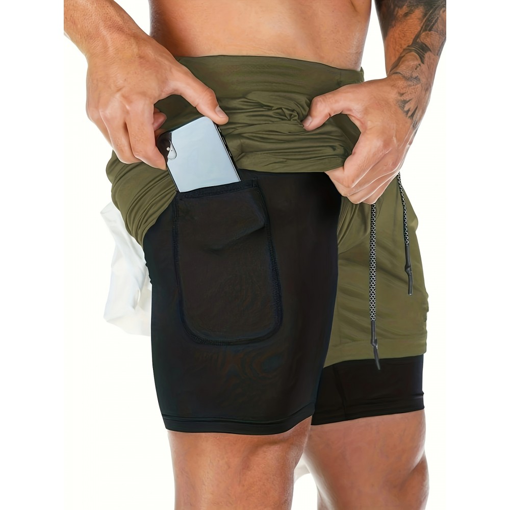 2-in-1 Double Layer Shorts With Inner Pocket, Men's Mid Stretch Sports Shorts For Summer Gym Workout Training 2-in-1 Double Layer Shorts With Inner Pocket, Men's Mid Stretch Sports Shorts For Summer Gym Workout Training