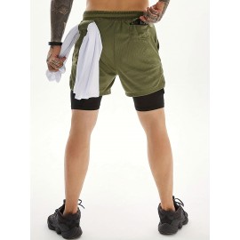 2-in-1 Double Layer Shorts With Inner Pocket, Men's Mid Stretch Sports Shorts For Summer Gym Workout Training 2-in-1 Double Layer Shorts With Inner Pocket, Men's Mid Stretch Sports Shorts For Summer Gym Workout Training