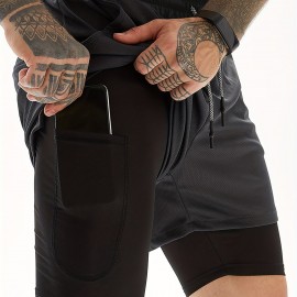 2-in-1 Double Layer Shorts With Inner Pocket, Men's Mid Stretch Sports Shorts For Summer Gym Workout Training 2-in-1 Double Layer Shorts With Inner Pocket, Men's Mid Stretch Sports Shorts For Summer Gym Workout Training