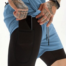 2-in-1 Double Layer Shorts With Inner Pocket, Men's Mid Stretch Sports Shorts For Summer Gym Workout Training 2-in-1 Double Layer Shorts With Inner Pocket, Men's Mid Stretch Sports Shorts For Summer Gym Workout Training