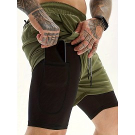 2-in-1 Double Layer Shorts With Inner Pocket, Men's Mid Stretch Sports Shorts For Summer Gym Workout Training 2-in-1 Double Layer Shorts With Inner Pocket, Men's Mid Stretch Sports Shorts For Summer Gym Workout Training