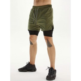 2-in-1 Double Layer Shorts With Inner Pocket, Men's Mid Stretch Sports Shorts For Summer Gym Workout Training 2-in-1 Double Layer Shorts With Inner Pocket, Men's Mid Stretch Sports Shorts For Summer Gym Workout Training