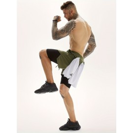 2-in-1 Double Layer Shorts With Inner Pocket, Men's Mid Stretch Sports Shorts For Summer Gym Workout Training 2-in-1 Double Layer Shorts With Inner Pocket, Men's Mid Stretch Sports Shorts For Summer Gym Workout Training