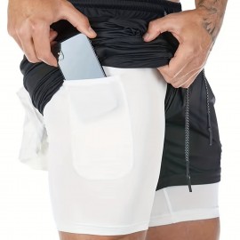 2-in-1 Double Layer Shorts With Inner Pocket, Men's Mid Stretch Sports Shorts For Summer Gym Workout Training 2-in-1 Double Layer Shorts With Inner Pocket, Men's Mid Stretch Sports Shorts For Summer Gym Workout Training