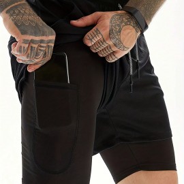 2-in-1 Double Layer Shorts With Inner Pocket, Men's Mid Stretch Sports Shorts For Summer Gym Workout Training 2-in-1 Double Layer Shorts With Inner Pocket, Men's Mid Stretch Sports Shorts For Summer Gym Workout Training