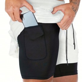 2-in-1 Double Layer Shorts With Inner Pocket, Men's Mid Stretch Sports Shorts For Summer Gym Workout Training 2-in-1 Double Layer Shorts With Inner Pocket, Men's Mid Stretch Sports Shorts For Summer Gym Workout Training