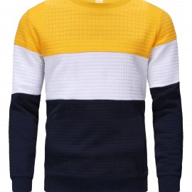 Three Color Block  Trendy Sweatshirt, Men's Casual Classic Design Crew Neck Pullover Sweatshirt For Men Fall Winter Three Color Block  Trendy Sweatshirt, Men's Casual Classic Design Crew Neck Pullover Sweatshirt For Men Fall Winter