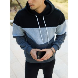 Cool Color Block Hoodies For Men, Men's Casual Design Hooded Sweatshirt With Kangaroo Pocket Streetwear For Winter Fall, As Gifts Cool Color Block Hoodies For Men, Men's Casual Design Hooded Sweatshirt With Kangaroo Pocket Streetwear For Winter Fall, As Gifts