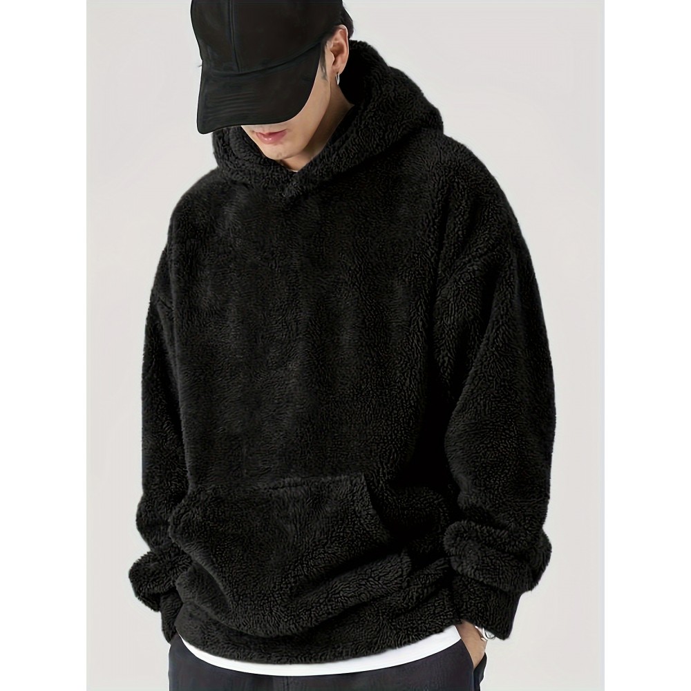 Coral Fleece Solid Color Hoodies For Men, Warm Hoodie With Kangaroo Pocket, Comfy Loose Trendy Hooded Pullover, Men's Clothing For Autumn Winter Coral Fleece Solid Color Hoodies For Men, Warm Hoodie With Kangaroo Pocket, Comfy Loose Trendy Hooded Pullover, Men's Clothing For Autumn Winter