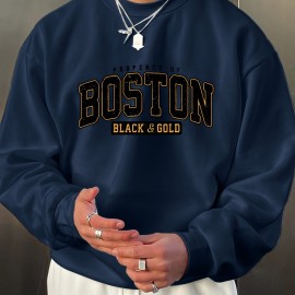 BOSTON Print Fashionable Men's Casual Long Sleeve Crew Neck Pullover Sweatshirt,Suitable For Outdoor Sports,For Autumn Spring,Can Be Paired With Hip-hop Necklace,As Gifts BOSTON Print Fashionable Men's Casual Long Sleeve Crew Neck Pullover Sweatshirt,Suitable For Outdoor Sports,For Autumn Spring,Can Be Paired With Hip-hop Necklace,As Gifts