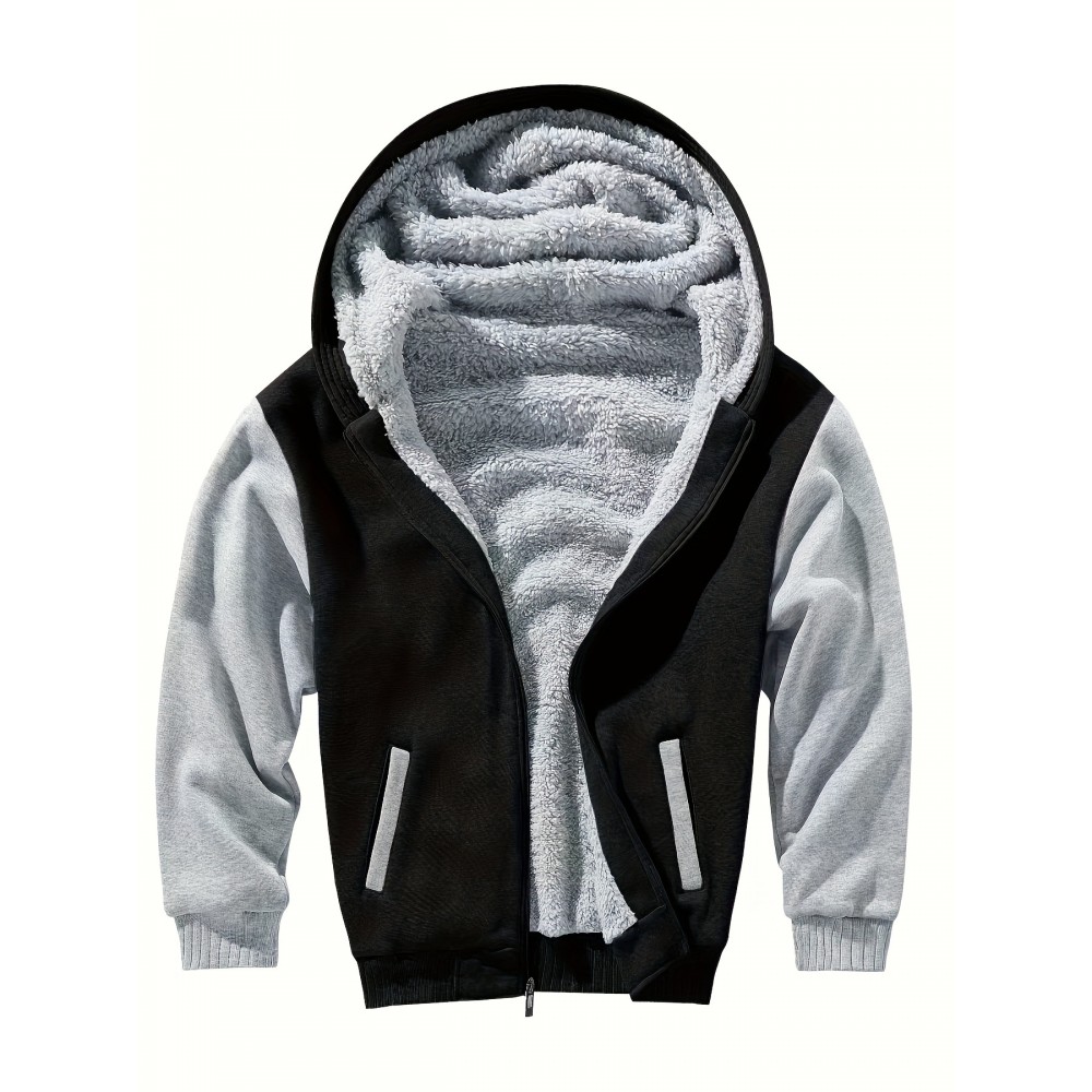 Color Block Sherpa Lined Men's Hooded Jacket Casual Long Sleeve Hoodies With Zipper Gym Sports Hooded Coat For Winter Fall Color Block Sherpa Lined Men's Hooded Jacket Casual Long Sleeve Hoodies With Zipper Gym Sports Hooded Coat For Winter Fall